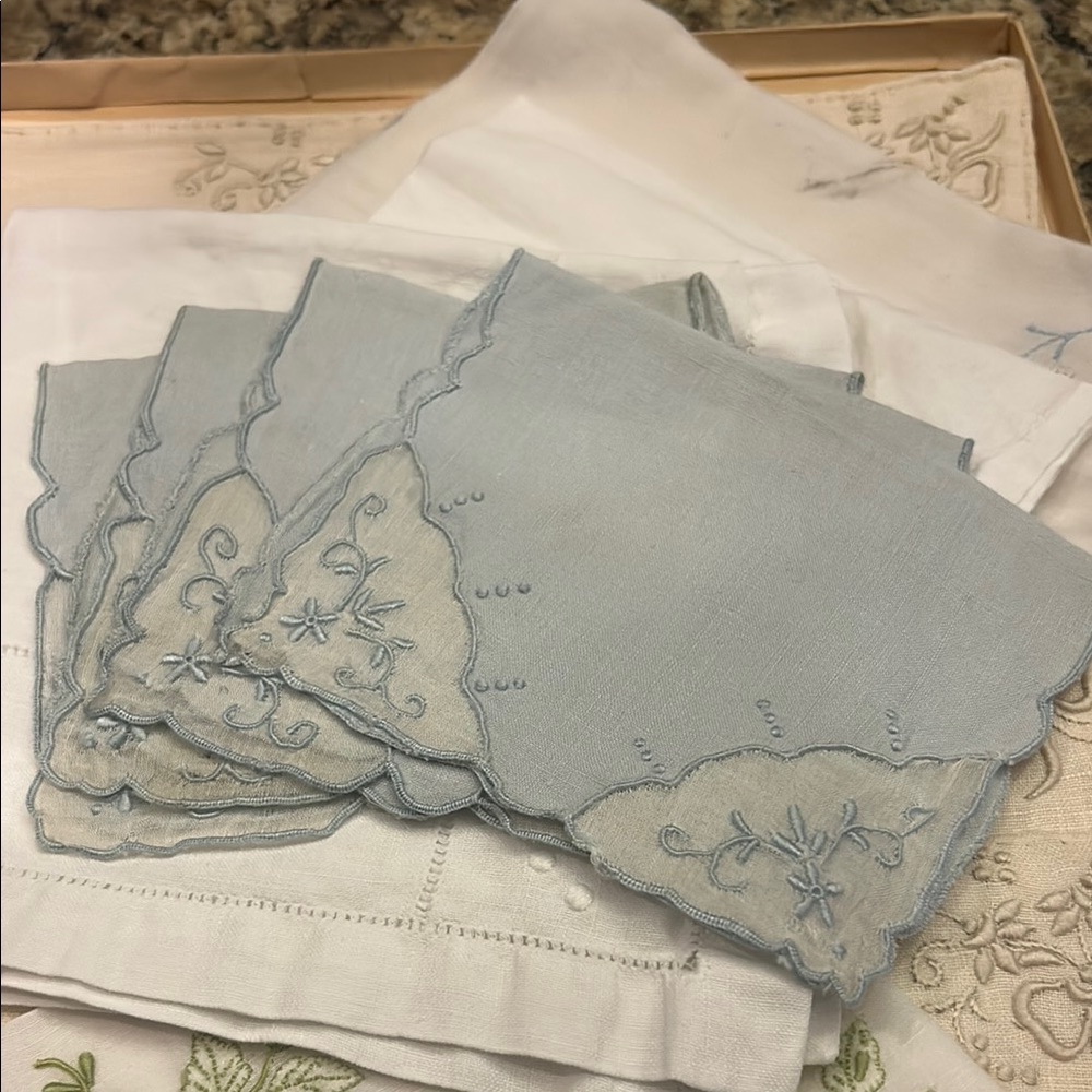 Antique Elegant Blue Embroidered Handkerchiefs (Lot of 4)